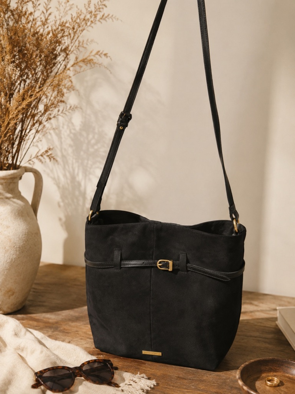 House of Harlow 1960 Black Suede Bucket Shoulder Bag